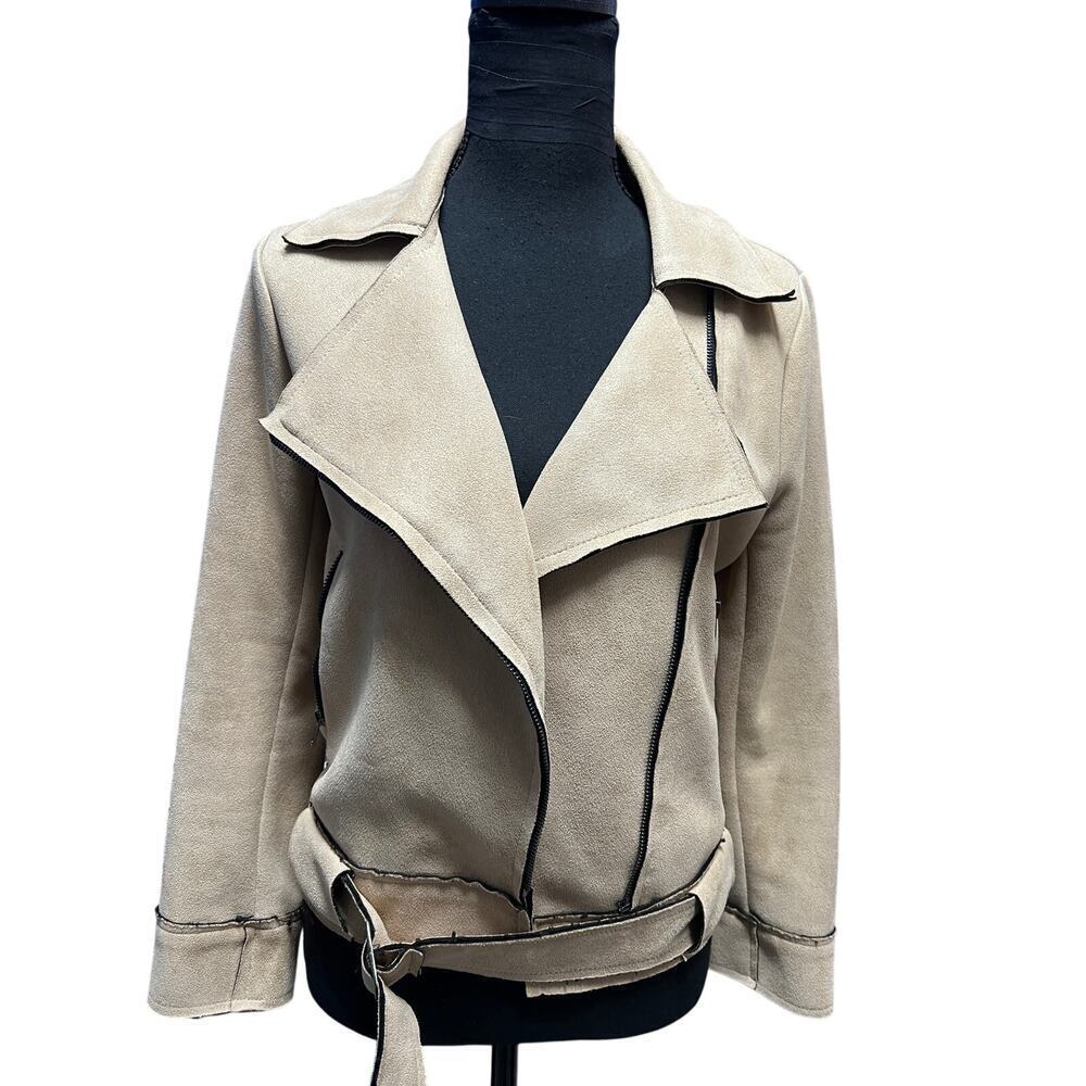 Lilyful Faux Suede Moto Jacket Womens Small Beige Asymmetrical Zip Belted Coat